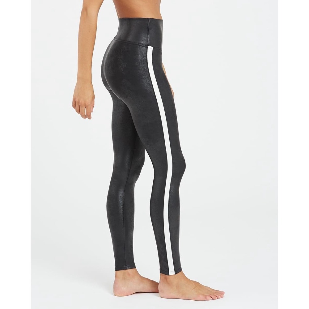 SPANX Black Faux Leather Tummy Control White Side Stripe Leggings Size Medium